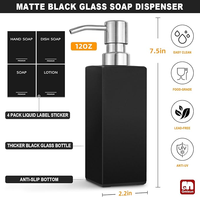 GMISUN Black Soap Dispenser, Hand Soap Dispenser Bathroom, 12 fl oz/350ml Glass Soap Dispensers with Stainless Steel Pump, Refillable Liquid Dish Dispenser for Kitchen, Modern Soap and Lotion Bottles