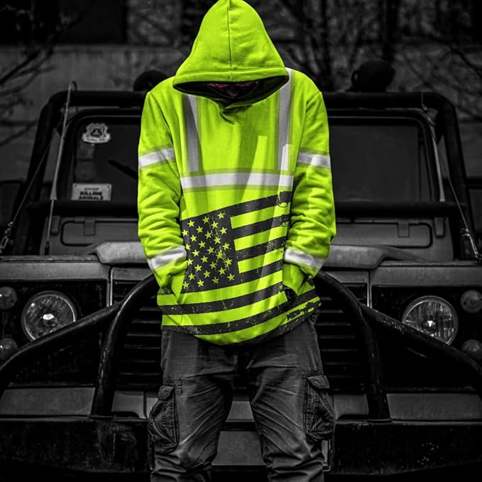 Color US Flag High Visibility Hoodie for Men Women Reflective Tapes Safety Workwear for Worker Runner Patriotic