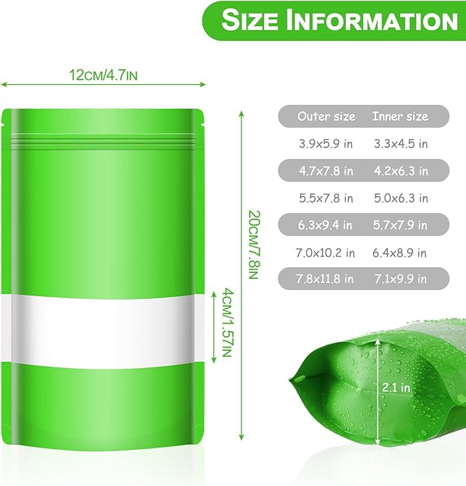100 Pack Smell Mylar Proof Bags for Food Storage, Resealable Packaging Bags for Small Business, Stand Up Foil Pouches Reusable Heat Sealable Bags with Clear Window (Green, 4.7x7.8 In)