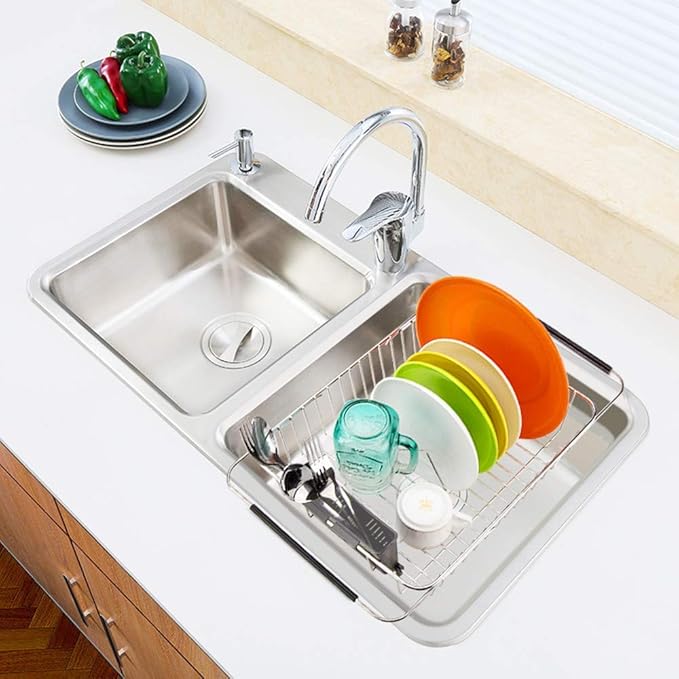 SANNO Dish Drying Rack with Stainless Steel Utensil Holder Large Dish Rack Drainer Drain Expandable Shelf Dish Rack in Sink or Over Sink or On Counter Rustproof Stainless Steel