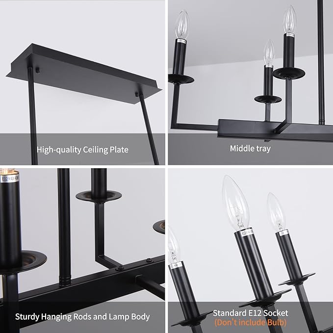 48-Inch Rustic Black Linear Chandelier,Extra Long Candle Chandelier,Black Light Fixture for Dining Room Living Room Kitchen Island, Modern Rectangular Chandelier(10-Light,Bulbs Not Included)