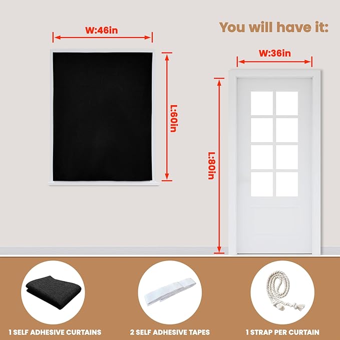 Adhesive Curtain,100% Blackout Curtains, No Drilling, Suitable for Multi-Scenes Privacy Protection (Black - W46 × L60 in)