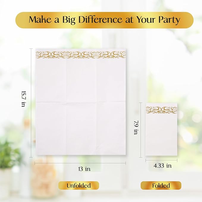 Vplus 400 Pack Paper Napkins Guest Towels Disposable Premium Quality 3-ply Dinner Napkins Disposable Soft, Absorbent, Perfect for Kitchen, Wedding, Parties, Dinners or Events (Gold)