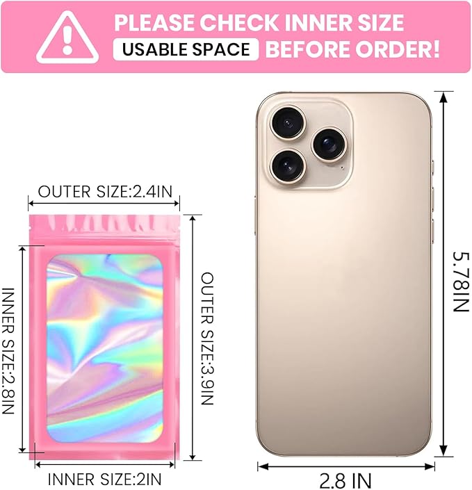 Funfery 100 pcs Pink Smell Proof Mylar Holographic Bags Packaging Bags,2.4x3.9Inch Clear Resealable Odor Proof Bag Foil Pouch Bag for Food Storage,Lipgloss,Jewelry,Eyelash Packaging Small Business