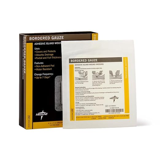 Medline Bordered Gauze, 4" x 4" Adhesive Island Wound Dressing, Sterile, 15 Count