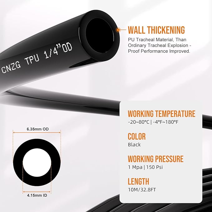 1/4 Dot Air line,1/4 inch OD Air Hose Kit,Airline Tubing Repair Kit Compressor Tube with Push to Connectors Fittings (Black-32.8FT/10M)
