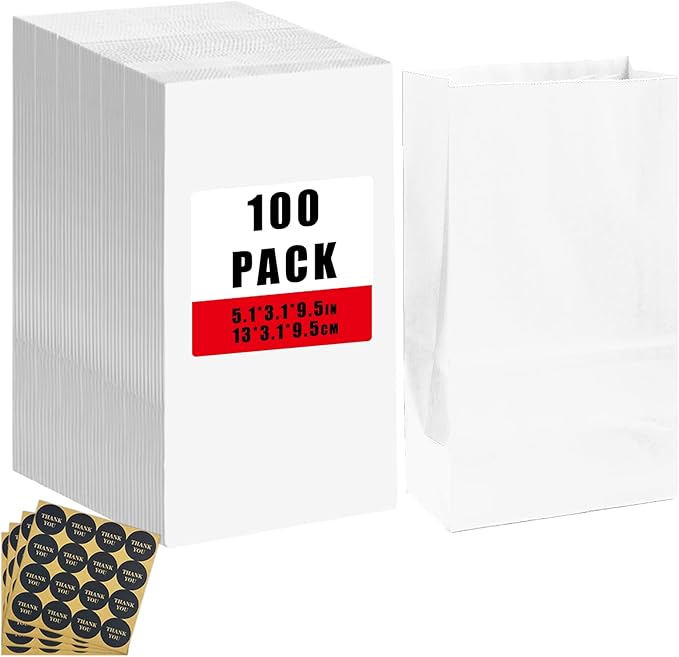Bakepacker 100 Pcs White Treat Paper Bags with 100 Stickers 5.1"x3.1"x9.4" Small Party Gift Bag Snack Bag without Handle