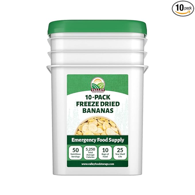 Freeze Dried Banana Slices 10-Bag Bucket, 53 Oz | Premium Emergency Food Supply 25 Year Shelf Life | Prepper Supplies, Survival Food, Off Grid Living Supplies | Valley Food Storage Packaged in USA