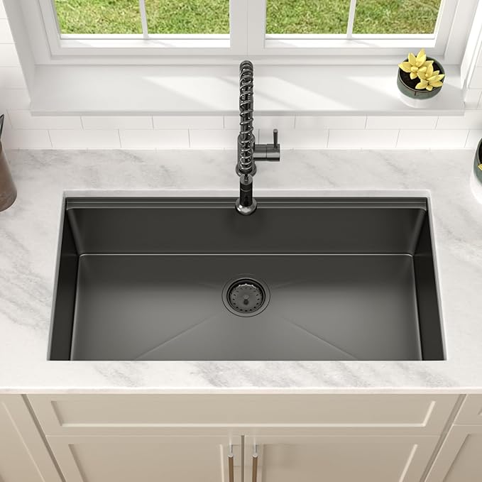 Dcolora 36 in. Black Undermount Kitchen Sink Workstation NANO-PVD Large Black Kitchen Sinks with Ledge Round Corner 16 304 Gauge Stainless Steel Single Bowl Basin, Gunmetal Black,36"x19"x10",DC-U7776