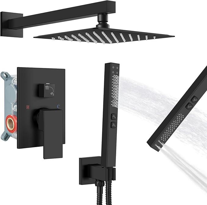 Shower Faucet Set Rainfall Shower System with Square Showerhead and Handle Set Fixture with 2 in 1 Function Handheld Sprayer Wall Mounted Trim Repair Kit Rough-in Valve 8 Inch Matte Black