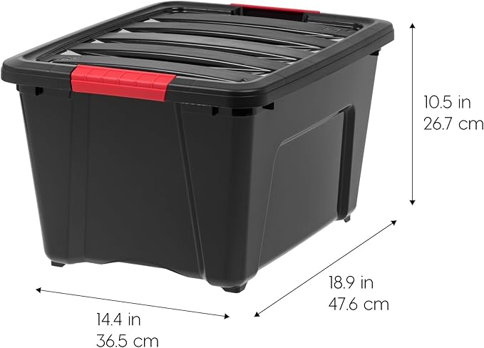 IRIS USA 32 Qt Stackable Plastic Storage Bins with Lids, 4 Pack - BPA-Free, Made in USA - Garage Organizing Solution, Latches, Durable Nestable Containers, Secure Pull Handle - Black