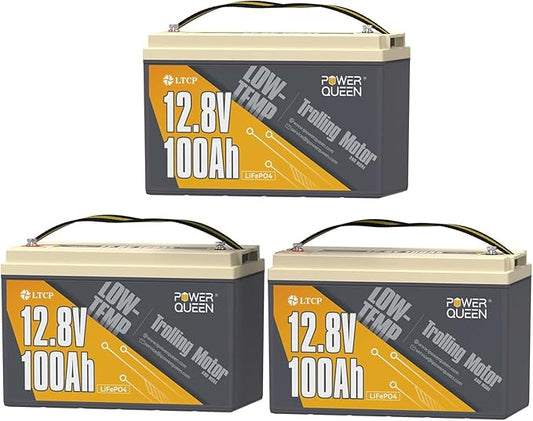 Power Queen 3Pack 12.8V 100Ah Trolling Motor LiFePO4 Battery, Low Temperature Cut-off Function, Built-in 100A BMS, Grade A Battery Cell, Up to 15000+ Cycles