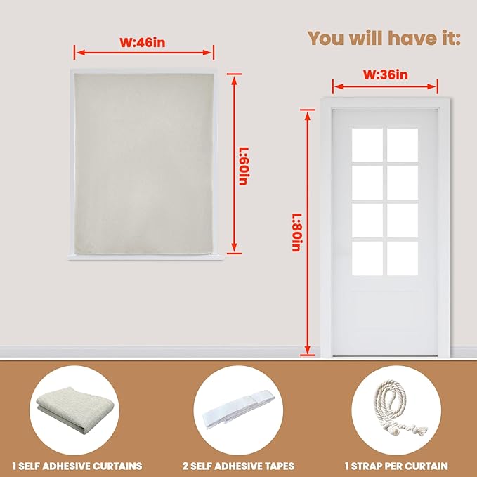Adhesive Curtain,100% Blackout Curtains, No Drilling, Suitable for Multi-Scenes Privacy Protection (Light Beige - W46 × L60 in)