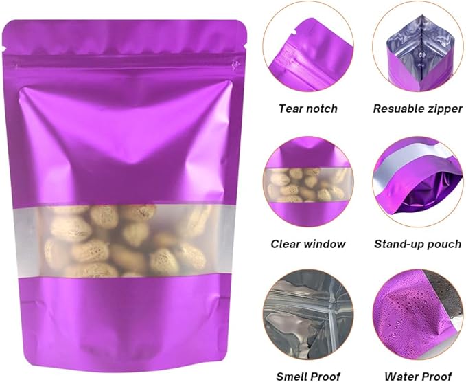4CP 100 Pcs 4.0x6.0 Inch Zipper Smell Proof Bags with Window, Stand Up Foil Pouches for Food Selfsealing Storage, Reusable Bag for Packaging Small Business, Cookies, Nunt, Candy Purple