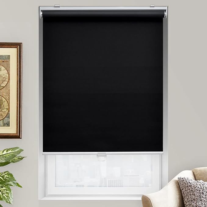 AOSKY Cordless Roller Shades Blackout Blinds for Windows Room Darkening Rolled Up Shades with Spring System, UV Protection Window Shades Door Blinds for Home and Office (23" W x 72" H, Black)