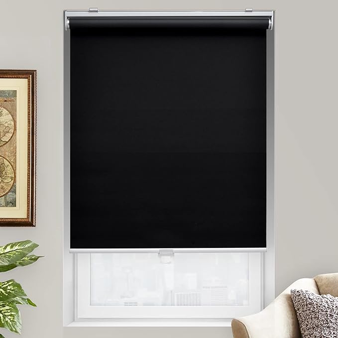 AOSKY Cordless Roller Shades Blackout Blinds for Windows Room Darkening Rolled Up Shades with Spring System, UV Protection Window Shades Door Blinds for Home and Office (42" W x 72" H, Black)