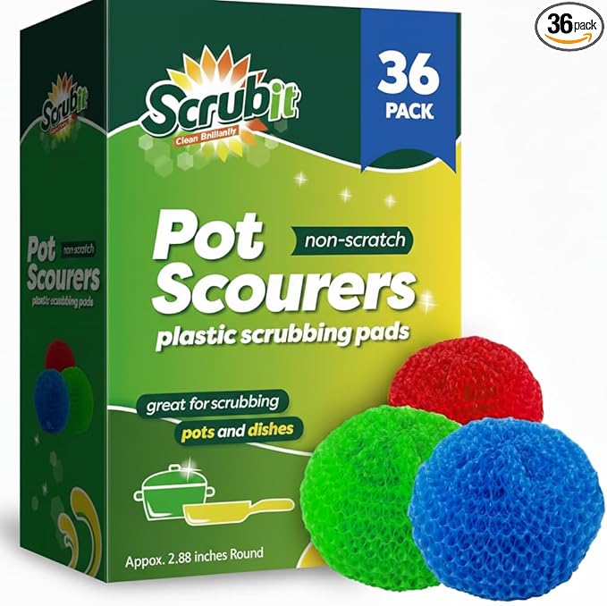 36 Round Nylon Dish Scrubber Scouring Pads by Scrub-It -3 Packs of 6 Scour Pads - Assorted Colors - Tough and Durable - Non-Scratch for Non-Stick Cookware - (36)