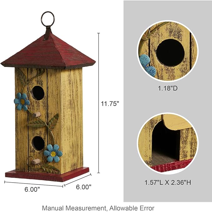 Glitzhome Bird Houses for Outside,11.75"H Solid Wood Hanging Birdhouse,Washed Yellow Distressed Decorative Outdoor Garden Birdhouses with 3D Metal Flower for Swallow Sparrow Hummingbird Finch Cardinal