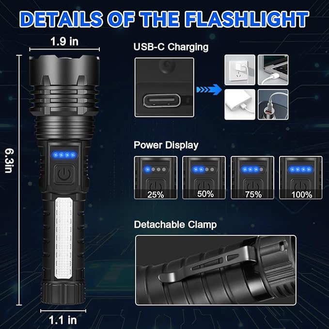 6Pack Rechargeable Flashlights, 7Mode Flashlights High Lumens, Super Bright LED Flashlight, Adjustable Tactical Flash Light, High Powered Flash Light, Handheld Flashlight for Home Emergency Camping