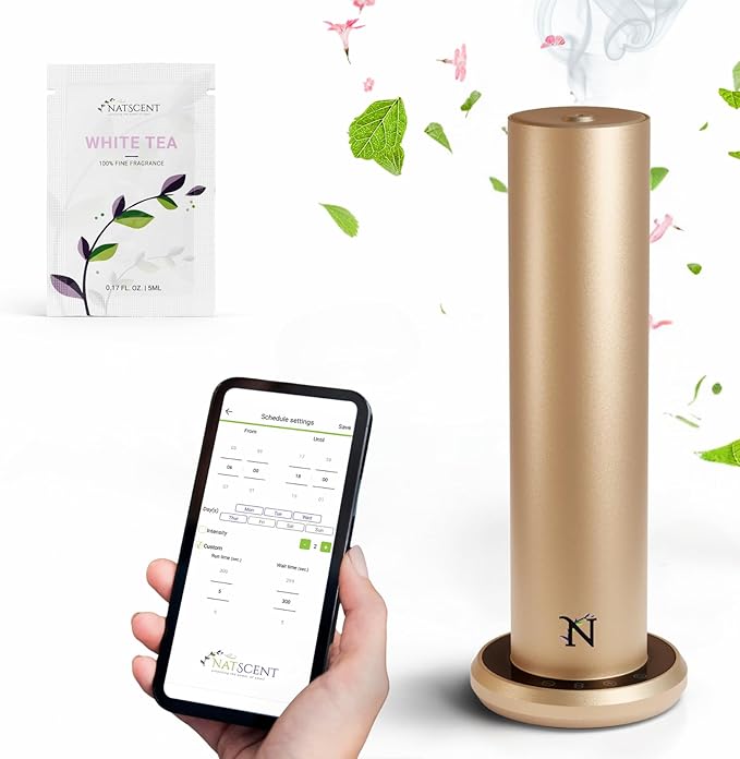 Dynamo Hotel Scent Diffuser – Cold-Air Essential Oil Diffuser for Home & Large Rooms up to 1000 sq ft, App & Manual Control, Hypoallergenic, Includes White Tea Fragrance Sample – Gold
