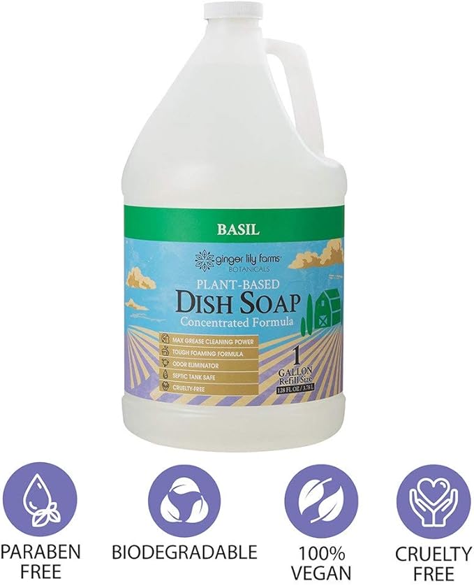 Ginger Lily Farms Botanicals Plant-Based Liquid Dish Soap, Concentrated Formula with Max Grease Cleaning Power, Cruelty-Free, Basil Scent, 1 Gallon Refill (128 Fl. Oz.) (Pack of 4)