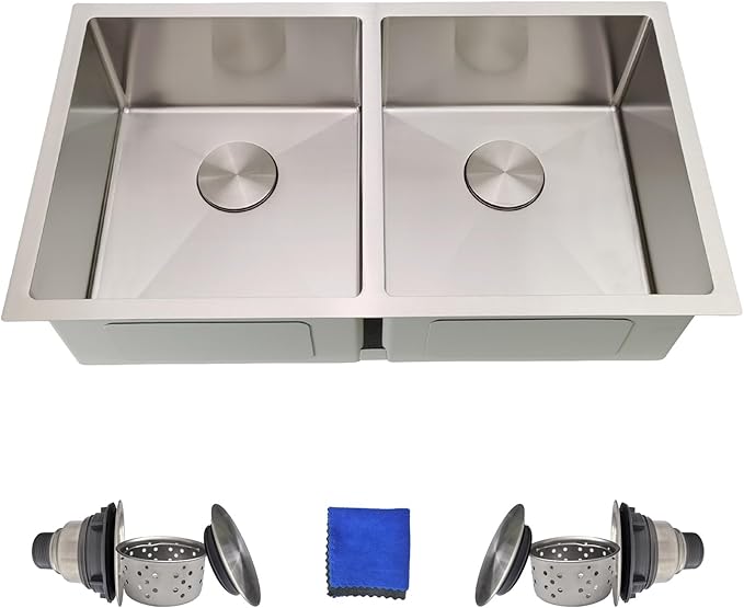 32 Inch Double Bowl Kitchen Sinks Undermount – Delironexu 16 Gauge Stainless Steel Kitchen Sink Double Bowl, 32x18 Undermount kitchen Sink with Brushed Finish, 50/50 Double sink