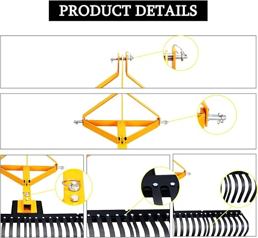 5 FT Landscape Rock Rake, 3 Point Attach Rake with 360 Degree Rotation Tow-Behind Garden Tool for Compact Tractors, Category 1