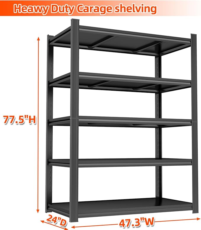 78" H Garage Shelving, 2500 LBS Heavy Duty Storage Shelves, Adjustable 5 Tier Shelving Unit, Garage Shelves Heavy Duty, Industrial Metal Utility Shelves for Workshop, Basement, Home Office, Black