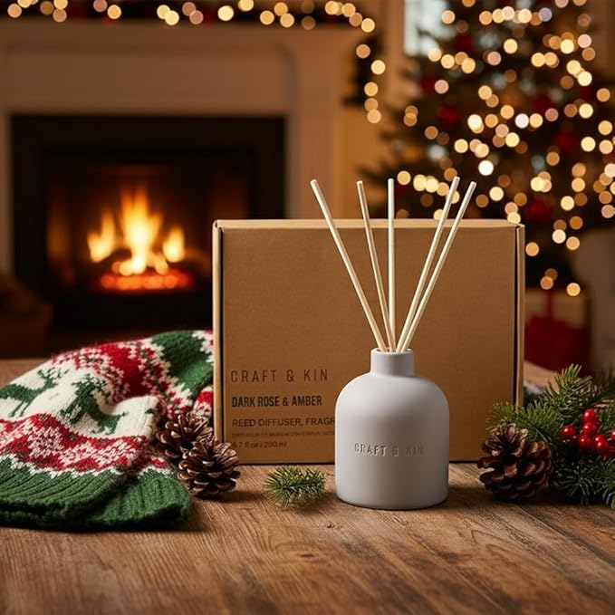 Craft & Kin Christmas Reed Diffuser for Home & Bathroom – Rose & Oud Holiday Reed Diffuser Set with Fragrance Sticks, Long-Lasting Alcohol-Free Scent, Earthenware Collection, 6.7oz