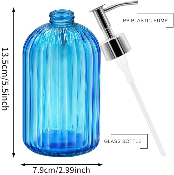 2 Pack Blue Glass Soap Dispenser Bottle with Pump, 14 Oz Refillable Liquid Hand Jar Dispenser for Bathroom, Countertop, Kitchen, Laundry Room