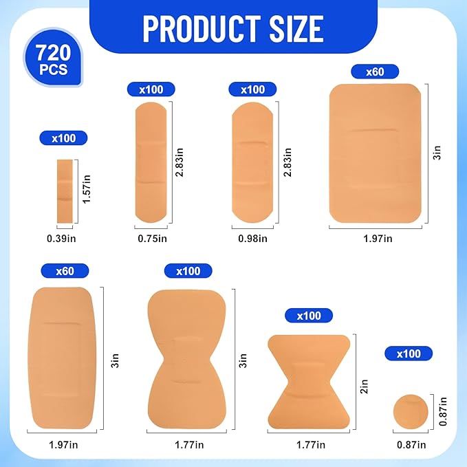 720 Pcs Adhesive Bandages Variety Pack, Flexible Adhesive Bandage Bulk, Assorted Sizes Fingertip Bandages, Breathable & Waterproof Bandage for First Aid and Wound Care