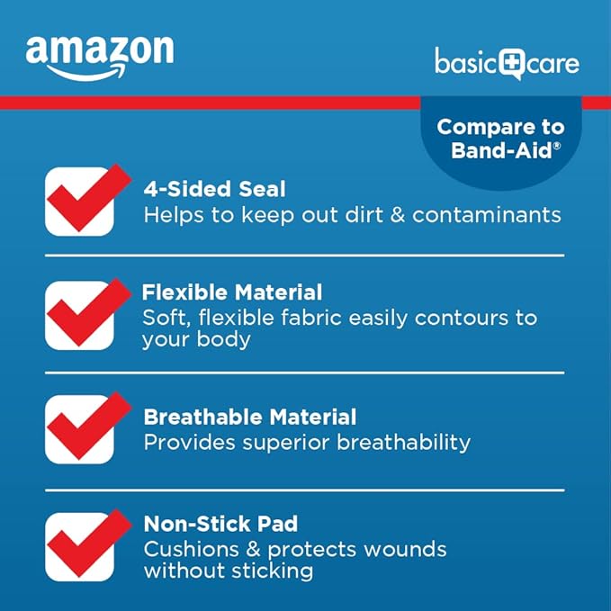 Amazon Basic Care Adhesive Bandages, Flexible Fabric, 100 Count | Pack of 3 | All-One Size | First Aid