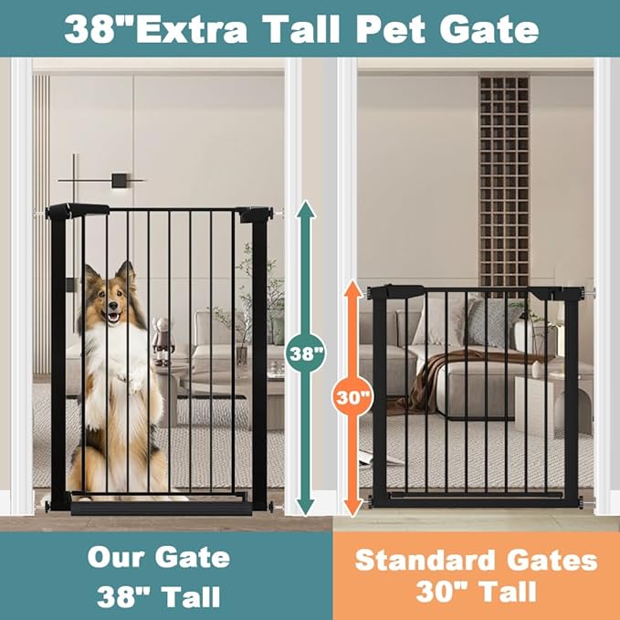 Fairy Baby 38" Extra Tall Baby Gate for Doorways, 76.4"-81.8" Extra Wide Long Dog Gate Indoor for House Stairs, Metal Pressure Mounted Walk Through Swing Safety Gate for Kids Pets, Black