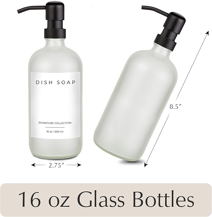 Emerson Essentials Glass Soap Bottle Dispensers, 2 Pack, Stainless-Steel Pumps Rust-Free, Hand Set for Bathroom Kitchen Sink, Liquid Lotion Shampoo Jars with 4 Waterproof Labels, 16 Oz Frost/Black