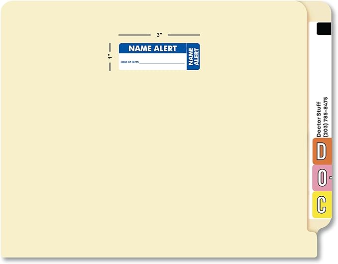Name Alert Chart Label with Date of Birth Field 3” x 1” White Blue Doctor Stuff 250 Stickers/Roll Permanent Adhesive for Patient Identity Verification