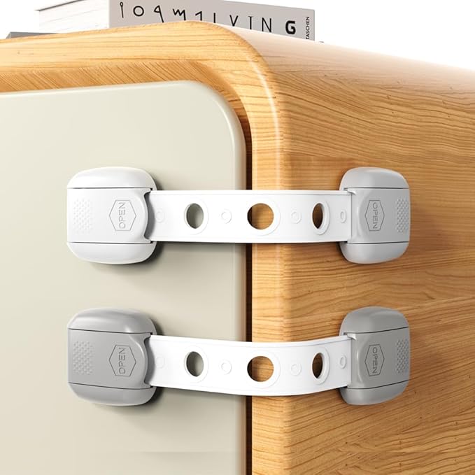 Child Safety Strap Locks (10 Pack) Baby Locks for Cabinets and Drawers, Toilet, Fridge & More. Adhesive Pads. Easy Installation, No Drilling Required, White/Gray (White, 10 pcs (Pack of 1))