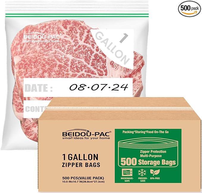 Gallon Food Storage Freezer Bags, 500 Count | Double Zipper | 10.5" * 10.7", Freshness Easy Open Reclosable Clear Plastic Bags