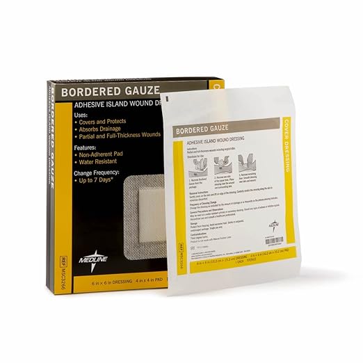Medline Bordered Gauze, 6" x 6" Adhesive Island Wound Dressing, Sterile, 15 Count