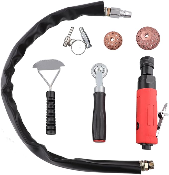Pneumatic Tire Repair Tools kit, Tire Polish Patch kit Heavy Duty, Tire Buffing Wheel Tool w Tire Inner Liner Scraper Roller, 2500rpm Low Speed Air Tire Buffer, Tungsten Steel Grinding Head (Red-9P)