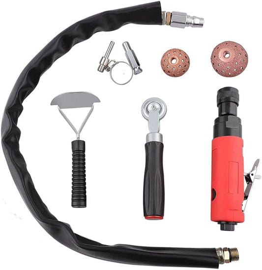 Pneumatic Tire Repair Tools kit, Tire Polish Patch kit Heavy Duty, Tire Buffing Wheel Tool w Tire Inner Liner Scraper Roller, 2500rpm Low Speed Air Tire Buffer, Tungsten Steel Grinding Head (Red-9P)