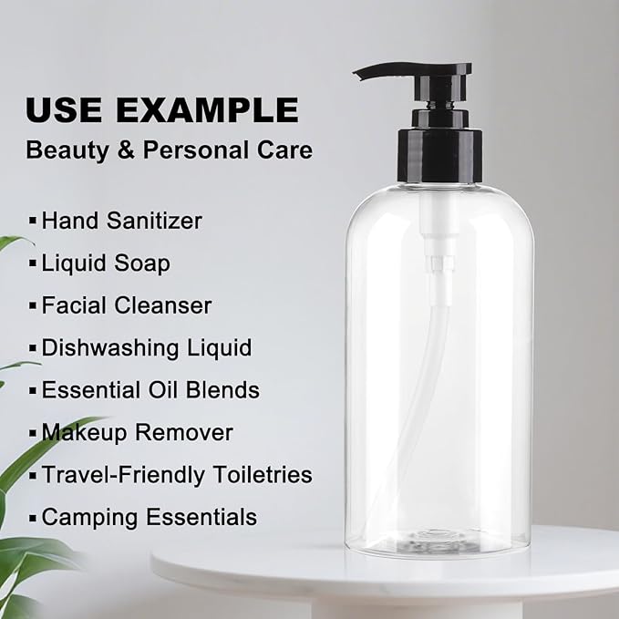 Empty Pump Bottles Dispenser 12.85oz/380ml, Refillable Clear BPA-Free Plastic Pump Bottle for Shampoo, Lotion, Soap and Massage Oil, 2 Pack