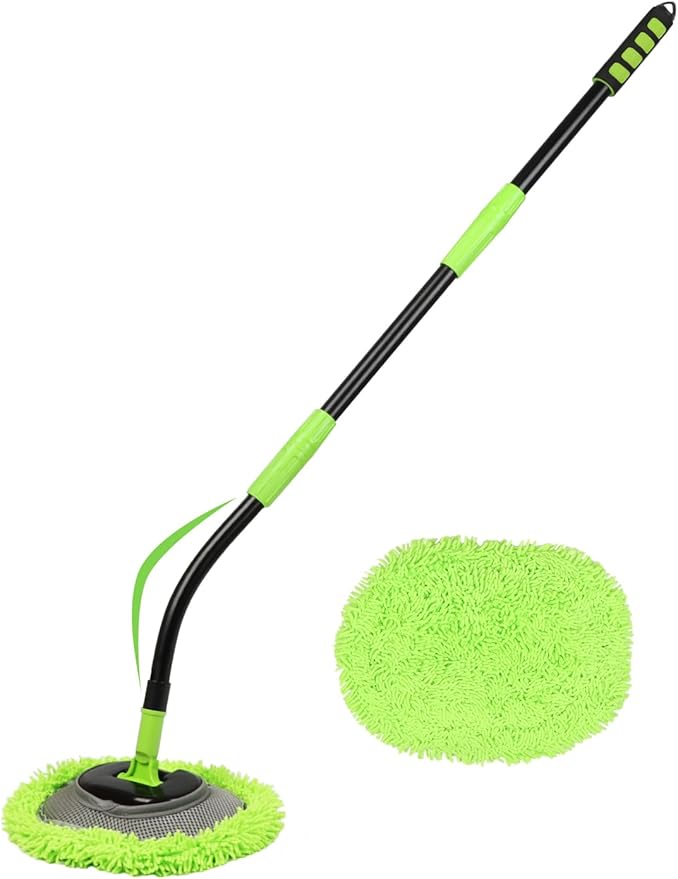Curved Car Wash Brush Mop 47" with Long Handle Sturdy Metal Pole 3 Grip Points Washing Wand Auto Cleaning Tool Kit Scratch-Free Chenille Microfiber Soft Duster for Cars RV SUV Truck Caravan Van Window