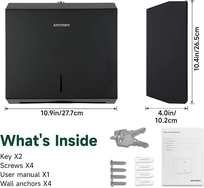 Wall Mount Paper Towel Dispenser 250-Sheet Capacity Matte Black Stainless Steel Lockable Fits Multifold/Z-Fold Towels (Folded Size ≤ 10.6" x 3.9")