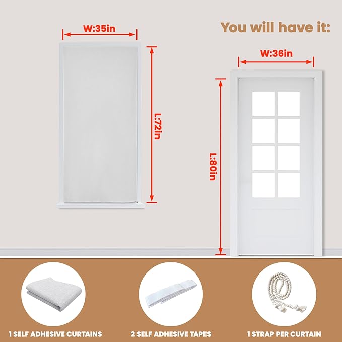 Adhesive Curtain,100% Blackout Shades,No Rod,Easy to Install,Provides Privacy Protection for Bedrooms (Grayish White - W35 × L72 in)