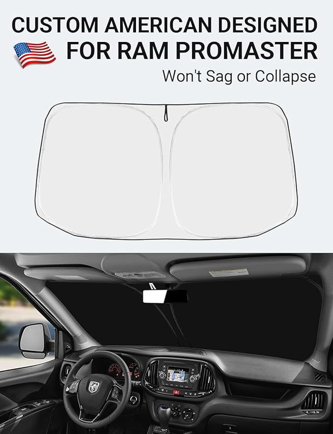 Proadsy 2025 Upgrade Windshield Sun Shade Custom Fit Dodge Ram Promaster 2014-2024 2025 4-Layer Foldable Front Sunshade Protector Sun Visor Blocks UV Rays Keep Car Cooler