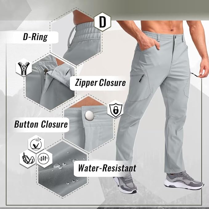 Pudolla Men's Lightweight Hiking Pants with 7 Pockets Quick Dry Water Resistant Fishing Travel Pants