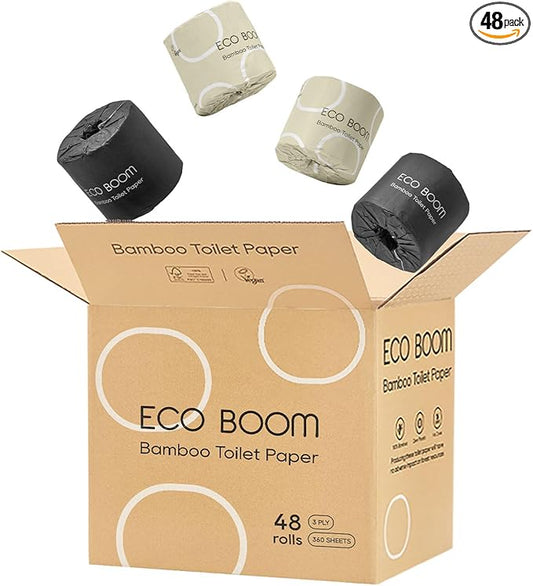 ECO BOOM Toilet Paper 100% Bamboo 3-fly, PFAS Free, BPA Free, Septic Safe, 48 mega Rolls, FSC Certified, 360 Sheets, Plastic & Chemical Free