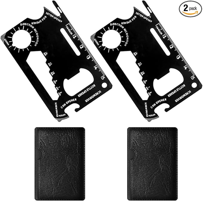 2 Pack Credit Card Multitool - Stainless Steel EDC Pocket Tool, 15-in-1 with Bottle Opener/Screwdriver/Wrench/Ruler for Camping, Hiking, Hunting, Outdoor Activities