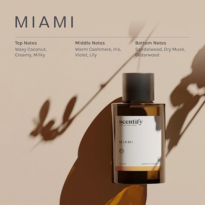 Scentify Miami Aroma Oil Refill Scent for Oil Diffusers - Creamy, Cashmere, Sandalwood, Musk Scents - Luxurious Relaxing Aromatherapy Diffuser Fragrance 100ml, 3.38 oz