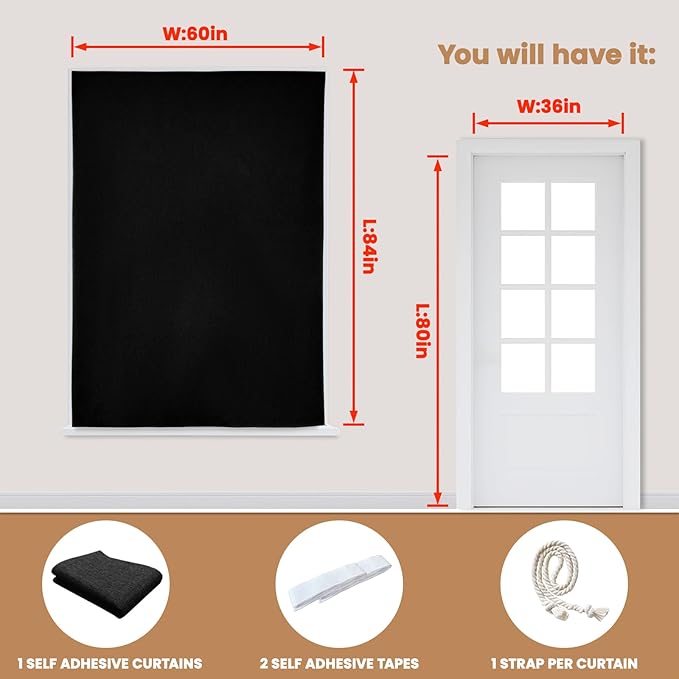 Adhesive Curtain,100% Blackout Curtains, No Drilling, Suitable for Multi-Scenes Privacy Protection (Black - W60 × L84 in)